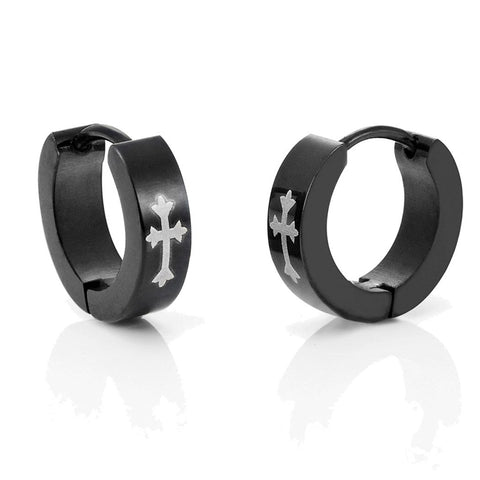 Stainless Steel Cross Design Huggie Hoop Earrings - Various Designs, Black, 10mm (With Branded Gift Box)