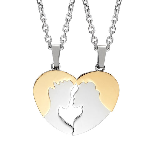 2pcs His & Hers Kiss Heart Couples Pendant Necklace Set with 19" & 21" Chain (Gold & Silver Tone)