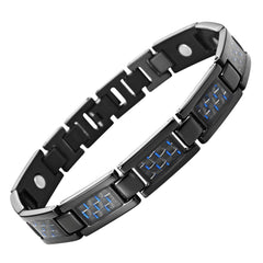 Mens Link Black Bracelet Stainless Steel -Titanium Elements - Blue Carbon Fiber Insets (Magnetic Therapy)
