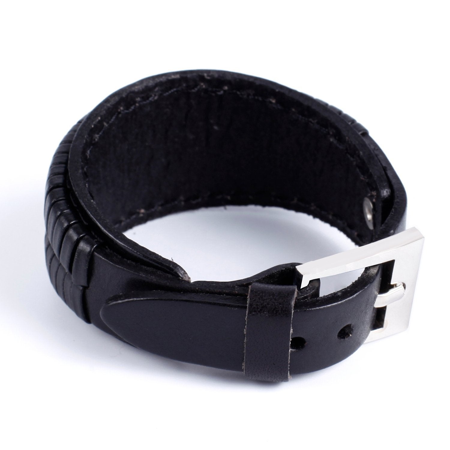 Urban Jewelry Elegant Coal Black Cuff Genuine Leather Bracelet for Men (Metal Buckle Clasp)