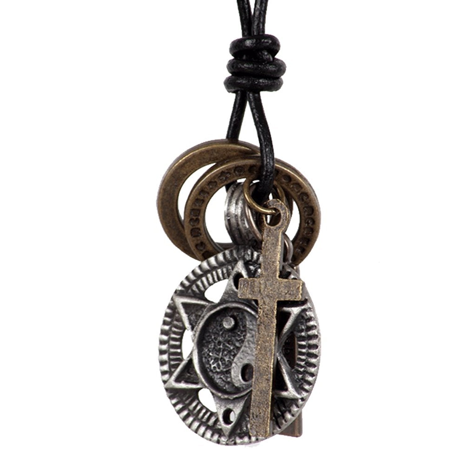 Vintage Cross Necklace Yin Yang Rings Pendant with 28" Resizable Leather Chain for Mens