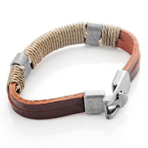 Dark Brown Leather Wound-around Nature Thread Bracelet for Him and Her, Unisex, Leather, 8"