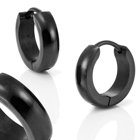 Mens Black Stainless Steel Hinged Hoop Earrings 10mm (with Branded Gift Box)