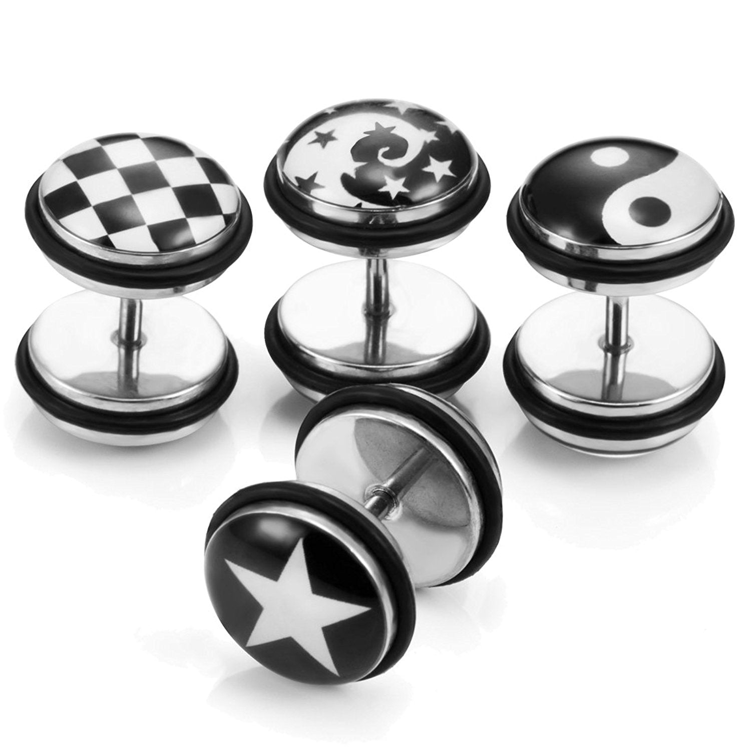 Mens 4 Pairs Stainless Steel Stud Earrings Set with Star, Swirl, Checkered and Yin & Yang Designs