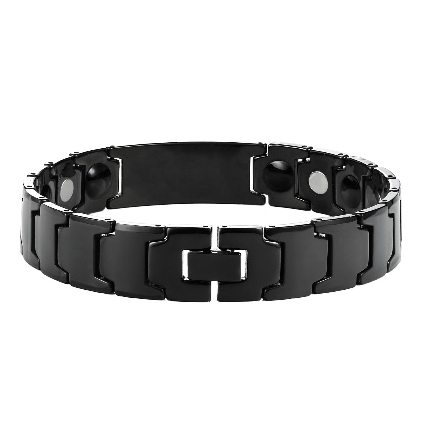 Elegant Black Solid Tungsten Link Bracelet with Magnet and 5 Cubic Zirconia Stone