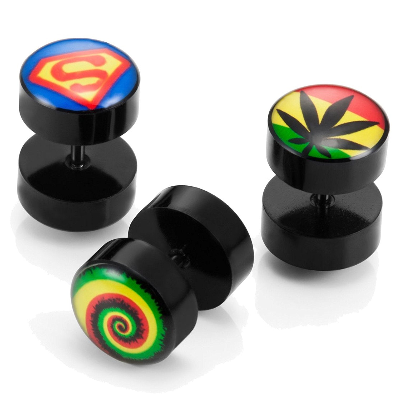Mens Stainless Steel Stud Earrings 3 Pairs Set with Acrylic Hemp, Rasta Swirl and Superman Designs