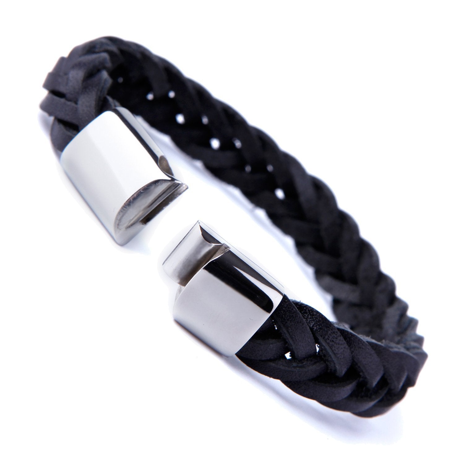 Urban Jewelry Unique Braided Black Cuff Leather Bracelet for Men with Elegant Stainless Steel Clasp