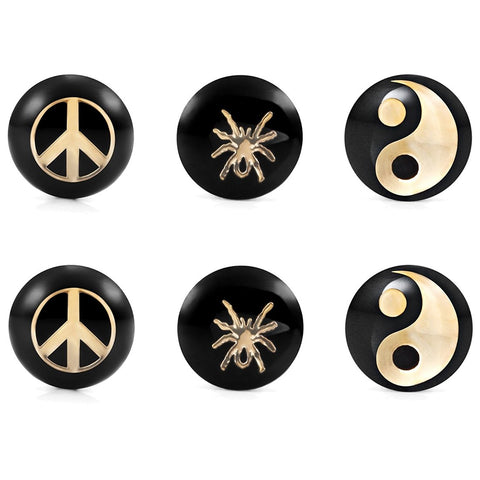 Mens Stainless Steel Stud Earrings 3 Pairs Set with 8mm Peace, Yin & Yang and Spider Symbol Designs