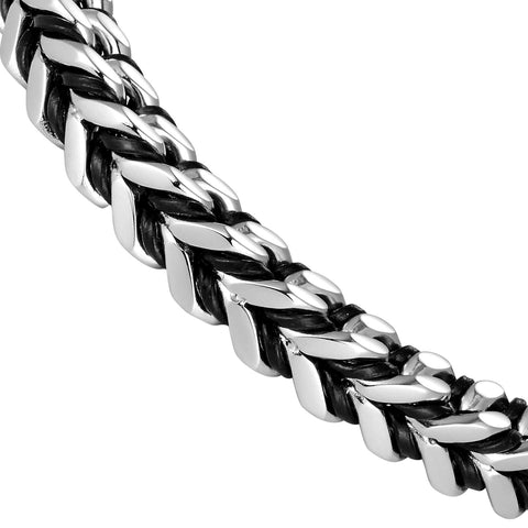 Mesmerizing Men’s Bracelet – Contrasting Silver Finish Foxtail Chain with Intricate Black Genuine Leather Detail – Rust & Discoloration Resistant Stainless Steel Chain – Jewelry Gift for Men