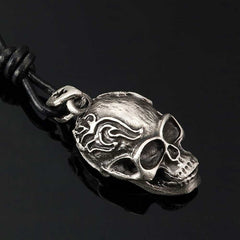 Men's Vintage Biker Style Skull Adjustable Black Genuine Leather Necklace