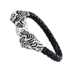 Amazing Leather Mens Bracelet with Locking Stainless Steel Tiger Head Clasp, Black, Silver, 8.5 Inches
