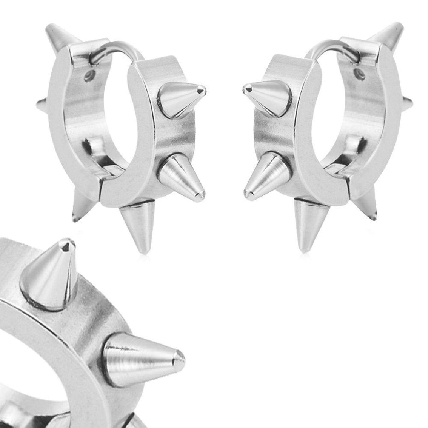 Cool Stainless Steel Men's Spike Punk Huggie Hoop Earrings (10mm, Silver)