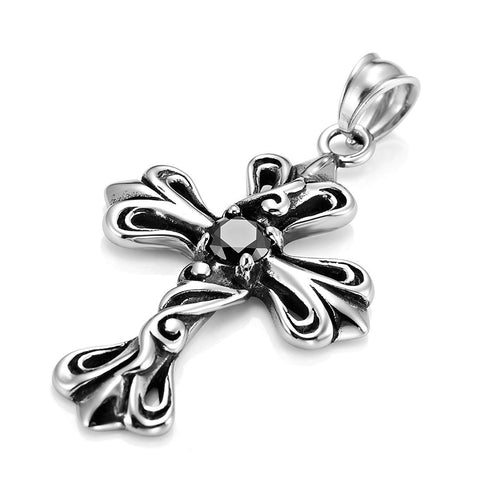 Urban Jewelry Vintage Royalty Celtic Shield Cross Necklace Pendant, Cubic Zirconia Silver Black