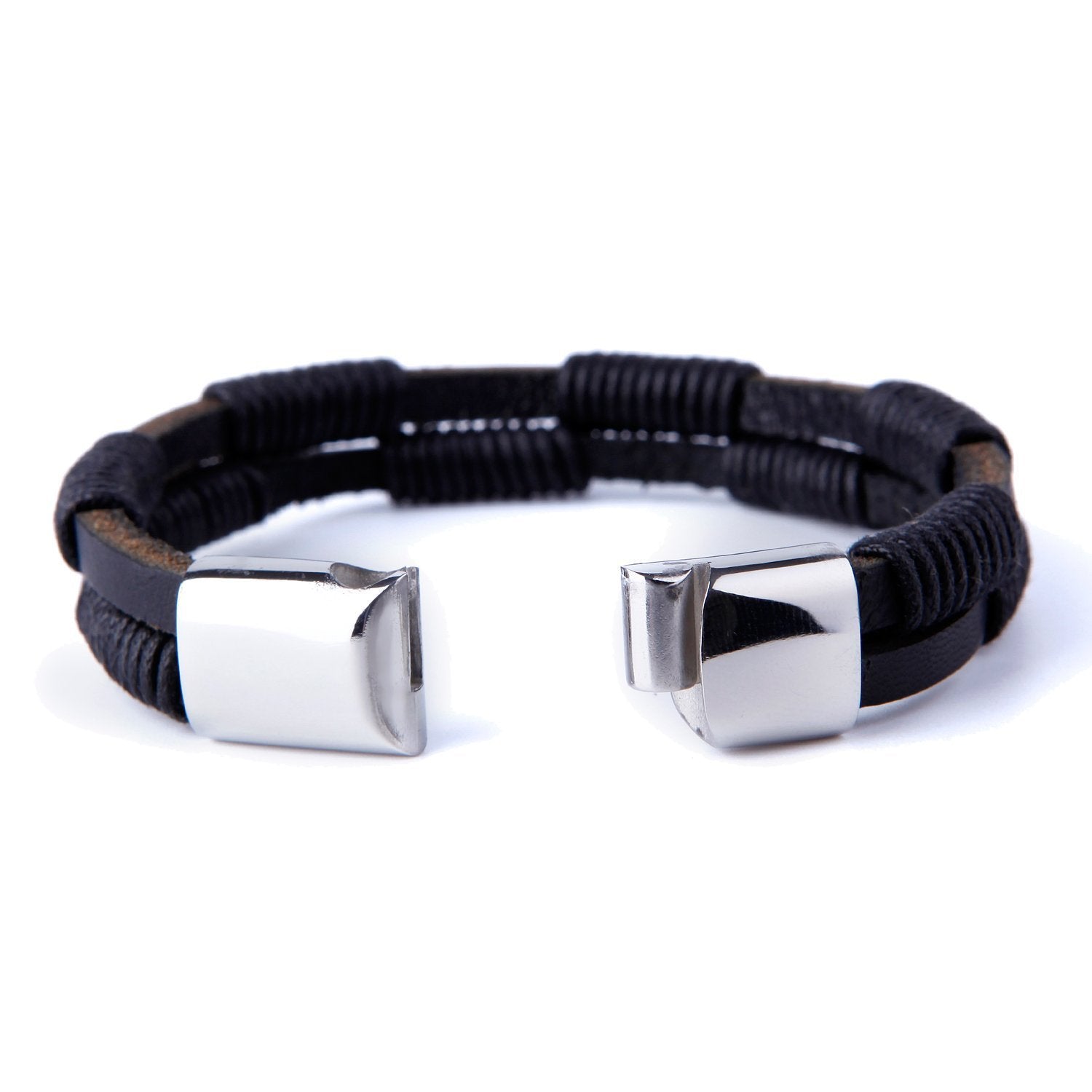 Urban Jewelry Unique Men's Coal Black Cuff Genuine Leather Bracelet with Stainless Steel Clasp