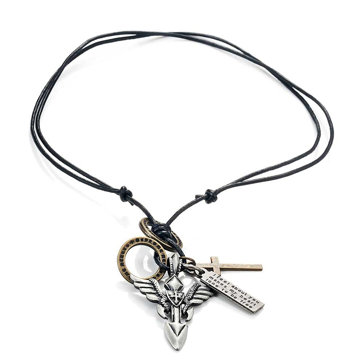 Vintage Royalty Angel's Wing Shield Cross Men's Leather Necklace