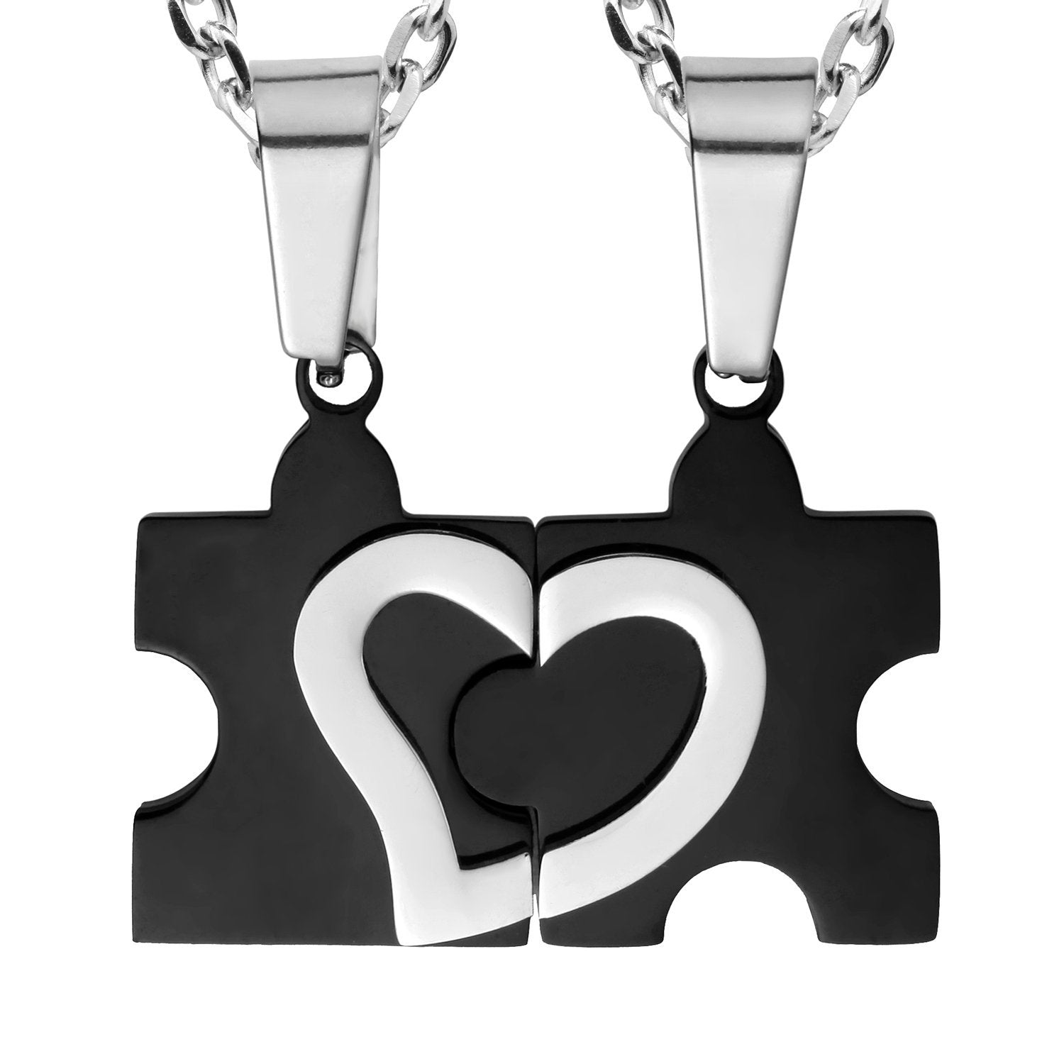 Stunning His & Hers Puzzle Heart Matching Couples Pendant Necklace Set with 18" & 21" Chain