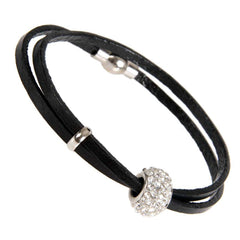 Stunning Womens Urban Jewelry Leather Cubic Zirconia Bead Bracelet 7" (Black)