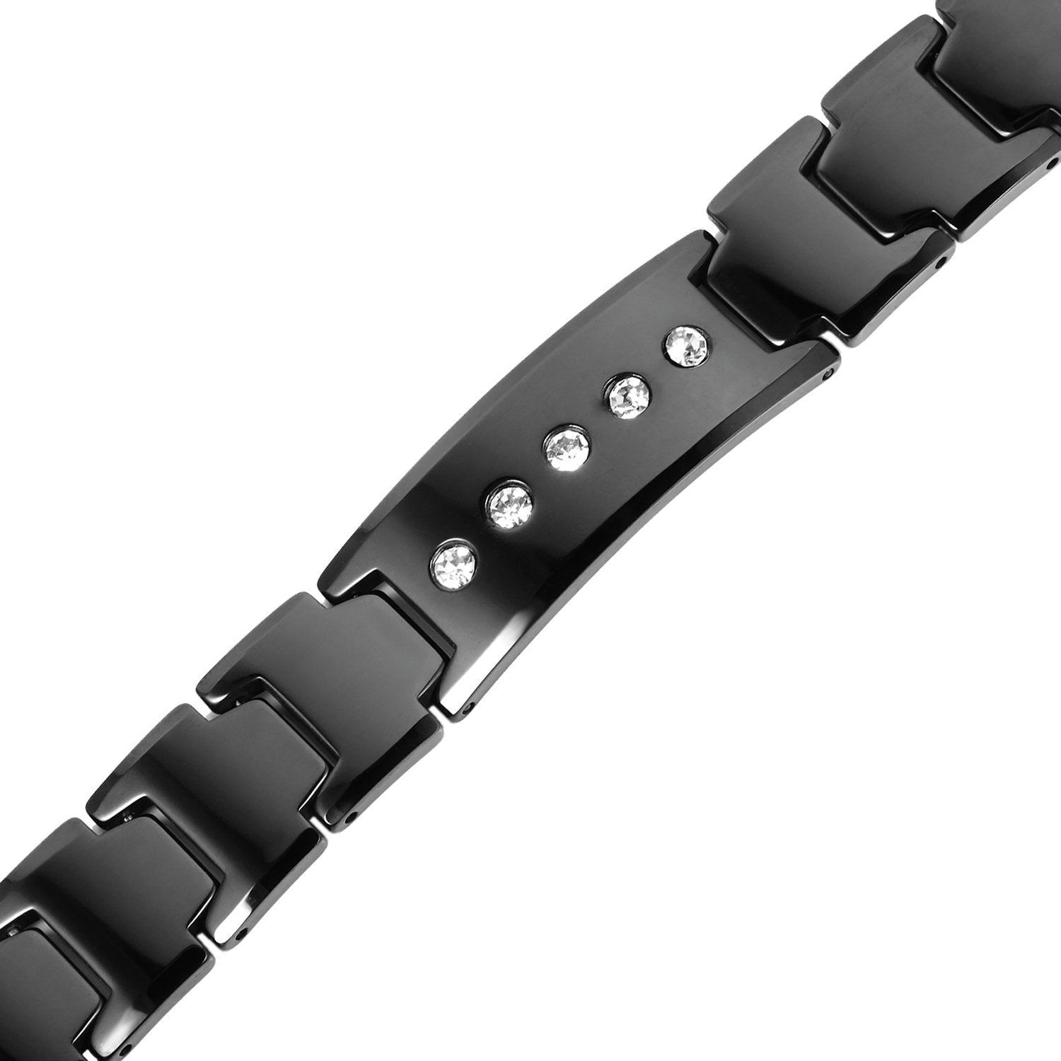 Elegant Black Solid Tungsten Link Bracelet with Magnet and 5 Cubic Zirconia Stone