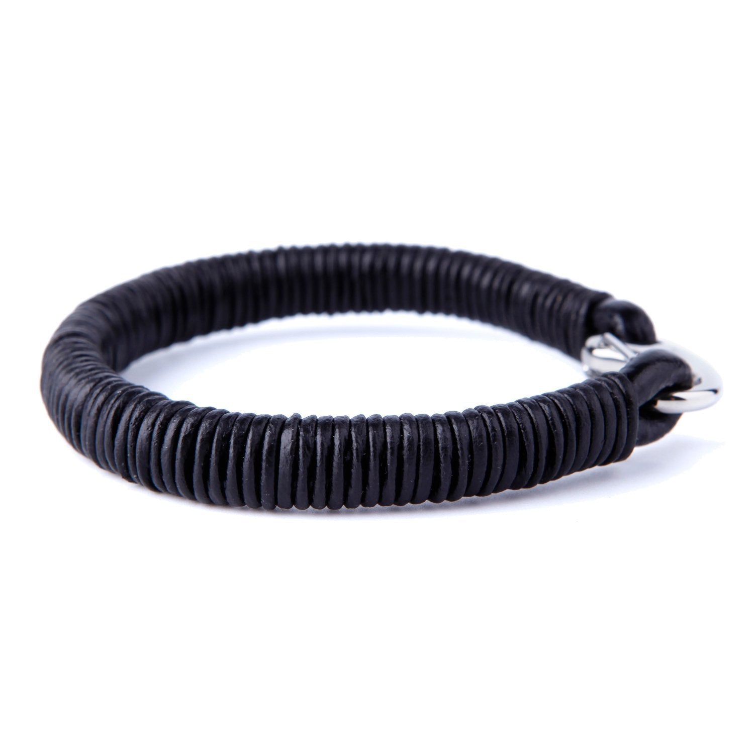 Urban Jewelry Impressive Men's Black Cord Loops Genuine Leather Cuff Bracelet with Stainless Steel Clasp