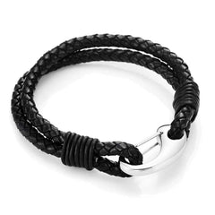 Urban Jewelry Braided Black Genuine Leather Bracelet with Locking Stainless Steel Clasp (Black, Silver, Length 8")