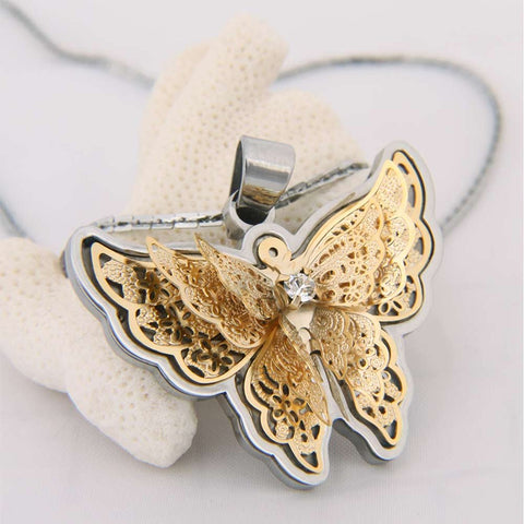 Amazing Butterfly Pendant Cubic Zirconia Stainless Steel Chain Necklace 20" Womens Jewelry