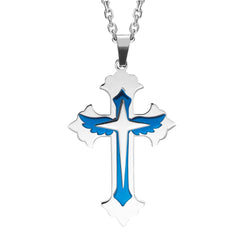 Urban Jewelry Powerful Mens Stainless Steel Cross Necklace Pendant - Blue & Silver, 21" Inches Chain