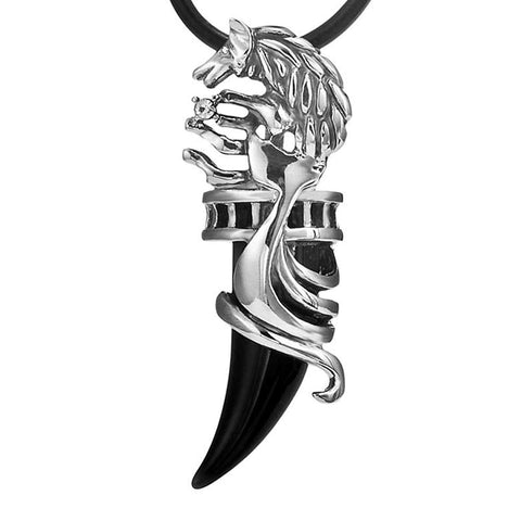 Wolf Mens Tribal Stainless Steel Silver Necklace Pendant 19" Leather Chain (Infinity Black)