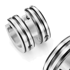 Men's 316L Stainless Steel Two Tone Hoop Huggie Earrings with Black IP 10mm