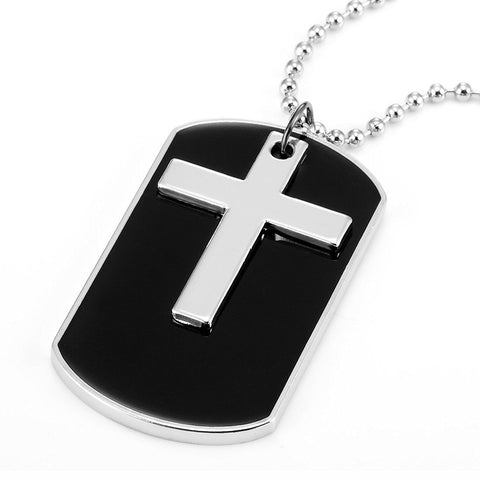 Urban Jewelry Unique Army Style Black Dog Tag Silver Cross Pendant Mens Necklace, 30 inch Adjustable Chain