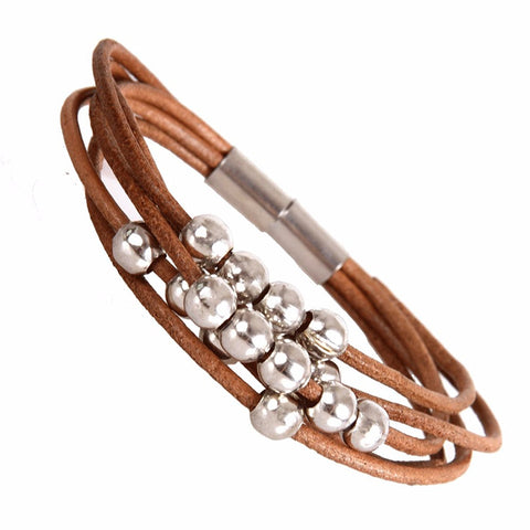 Stylish Urban Jewelry Leather Bracelet for Women Silver Color Beads Cuff with Magnetic Clasp 7" (Brown)
