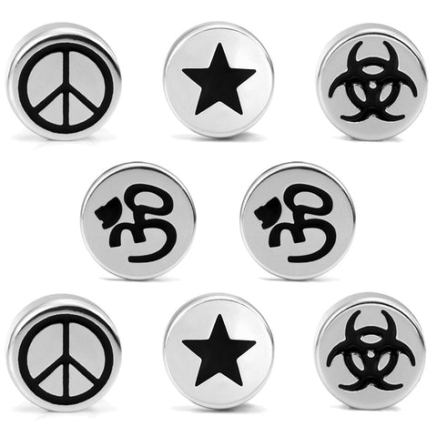 Mens 4 Pairs Stainless Steel Barbell Stud Earrings Set with Om, Radioactive, Peace Sign and Star Designs