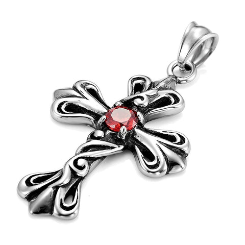 Urban Jewelry Vintage Royalty Celtic Shield Cross Necklace Cubic Zirconia Pendant (Silver Red)
