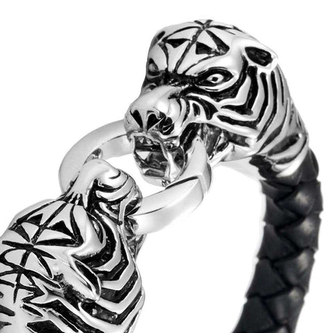 Amazing Leather Mens Bracelet with Locking Stainless Steel Tiger Head Clasp, Black, Silver, 8.5 Inches