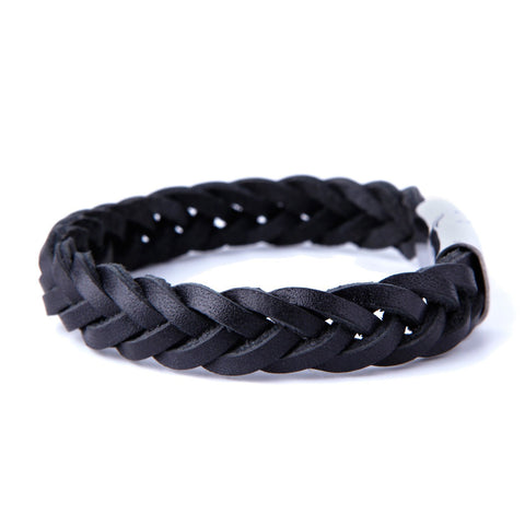 Urban Jewelry Unique Braided Black Cuff Leather Bracelet for Men with Elegant Stainless Steel Clasp
