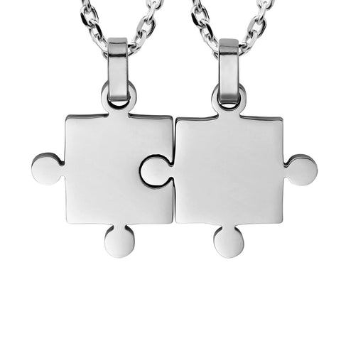His & Hers Puzzle Matching Piece Couples Pendant Necklace Set with 18" & 21" Chain