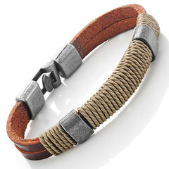 Dark Brown Leather Wound-around Nature Thread Bracelet for Him and Her, Unisex, Leather, 8"