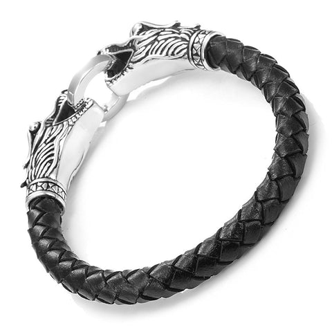 Leather Mens Bracelet 8 1/2 Inches with Locking Stainless Steel Dragon Head Clasp, Black Silver