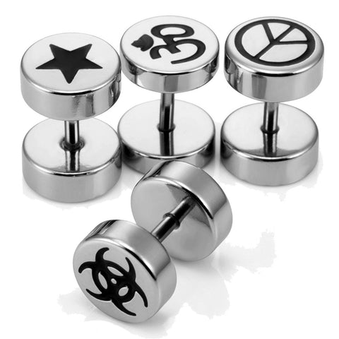 Mens 4 Pairs Stainless Steel Barbell Stud Earrings Set with Om, Radioactive, Peace Sign and Star Designs