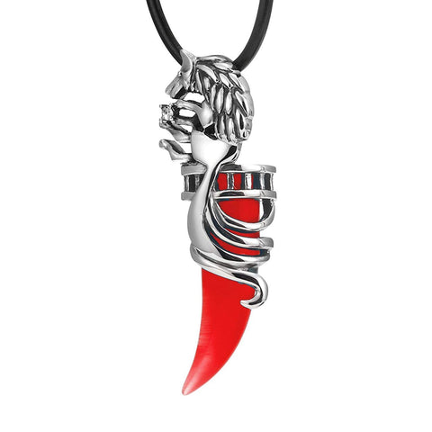 Tribal Wolf Stainless Steel Mens Necklace Pendant 19" Leather Chain (Silver Red)