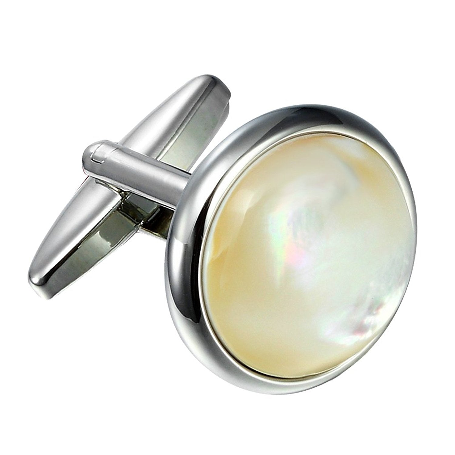 Urban Jewelry Unique 316L Stainless Steel Men's Round Cufflinks with Real Shell (Silver)
