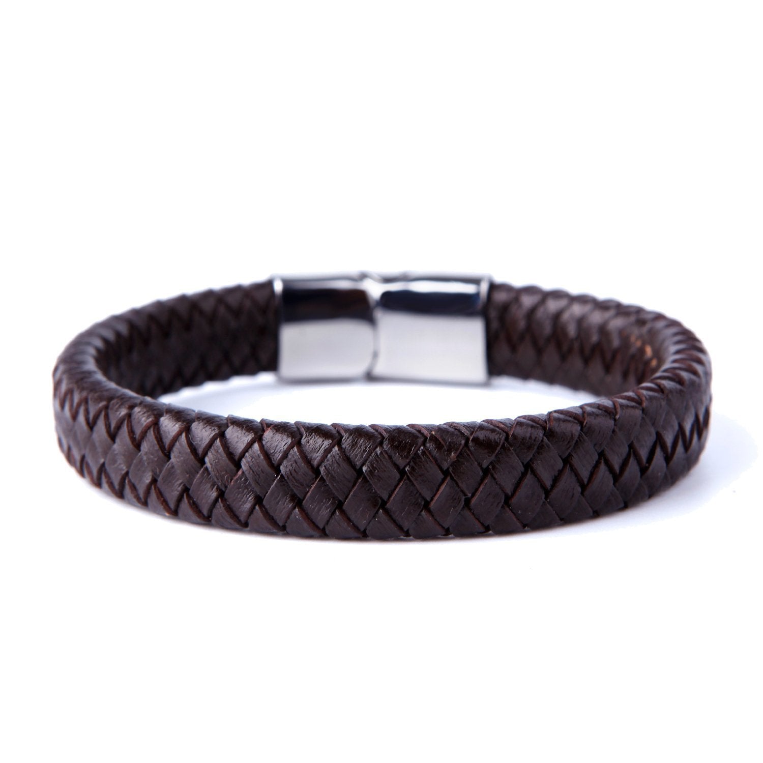 Urban Jewelry Men's Deep Brown Braided Genuine Leather Cuff Bracelet with Elegant 316L Stainless Steel Clasp