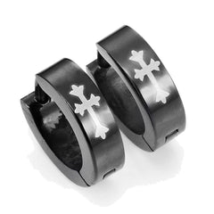 Stainless Steel Cross Design Huggie Hoop Earrings - Various Designs, Black, 10mm (With Branded Gift Box)