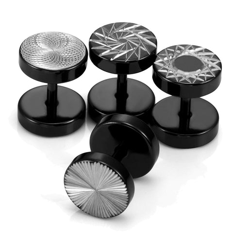 Mens 4 Pairs Stainless Steel Barbell Stud Earrings Set with Star, Spoke, Sunburst and Spirograph Designs