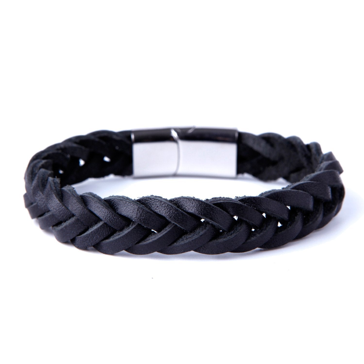 Urban Jewelry Unique Braided Black Cuff Leather Bracelet for Men with Elegant Stainless Steel Clasp