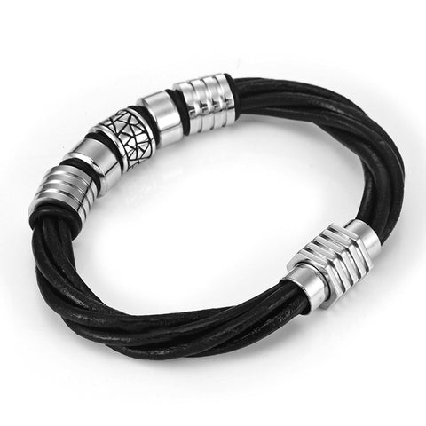Trendy Black Genuine Leather Biker Mens Bracelet with Magnetic Stainless Steel Clasp, 8"