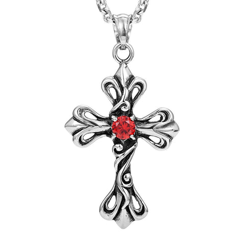Urban Jewelry Vintage Royalty Celtic Shield Cross Necklace Cubic Zirconia Pendant (Silver Red)