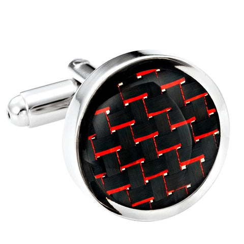 Titanium Men's Cufflinks Black and Red Carbon Fiber Round Polished