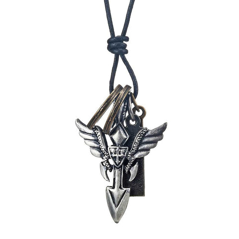 Vintage Royalty Angel's Wing Shield Cross Men's Leather Necklace