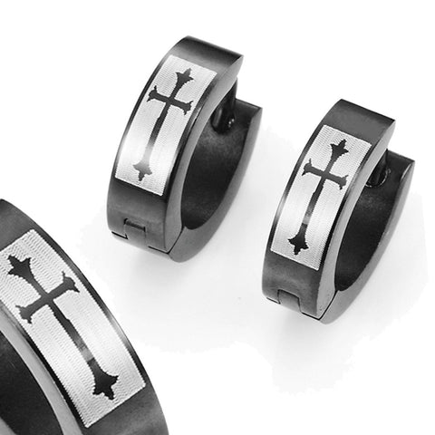 Men's 316L Stainless Steel Black Hoop Huggie Earrings with Gothic Medieval Cross 10mm