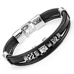 Stylish Black Genuine Leather Bracelet Cuff Stainless Steel, Unisex